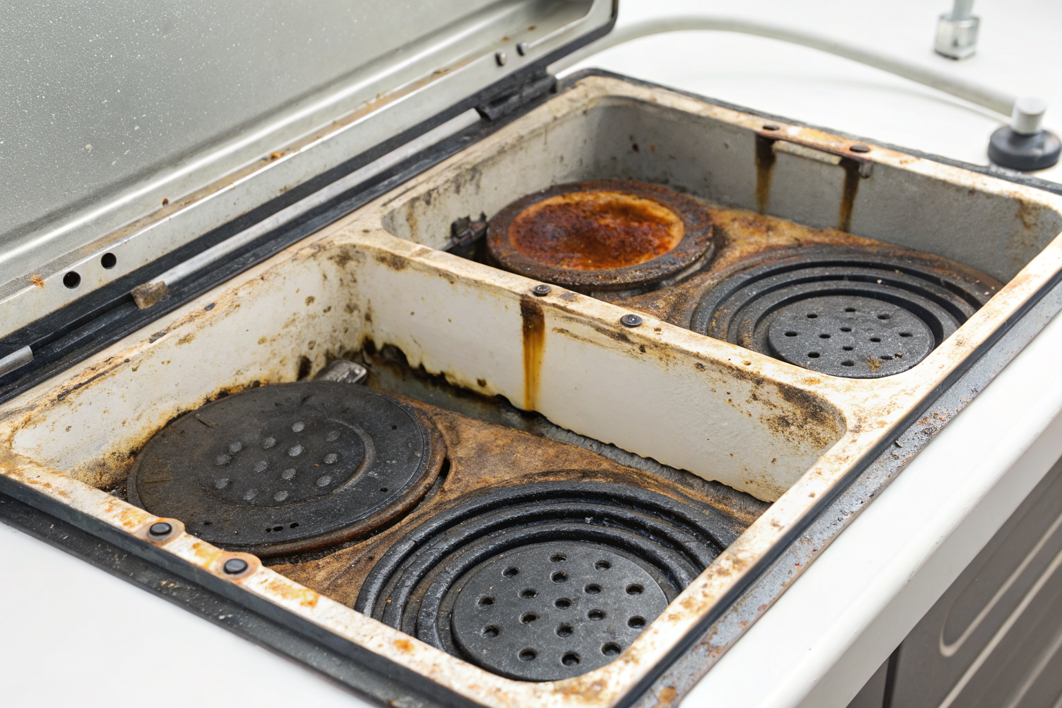 Close-up of worn grease trap lid gaskets under thermal stress.