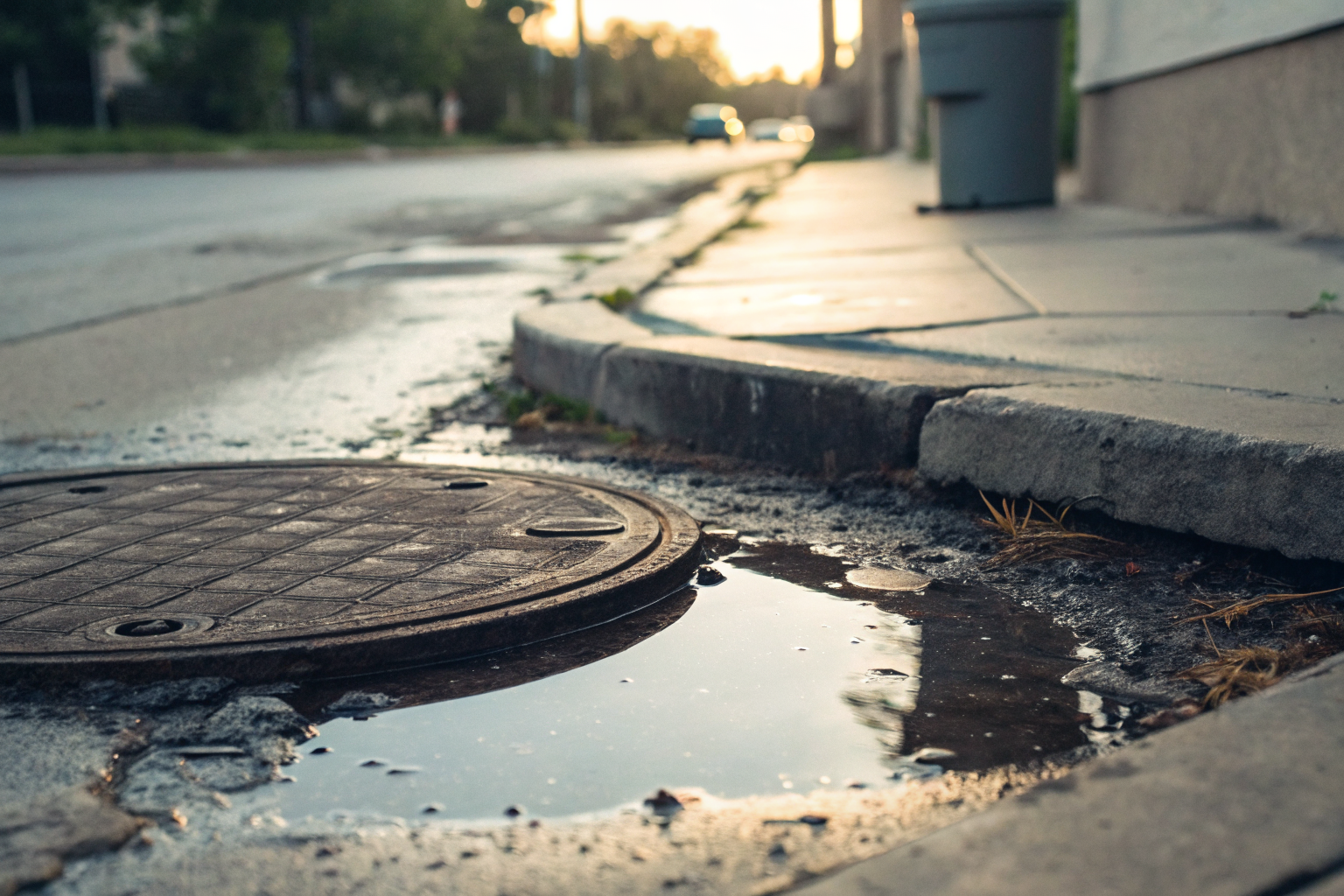 Grease trap lid with water pooling on wet concrete below.