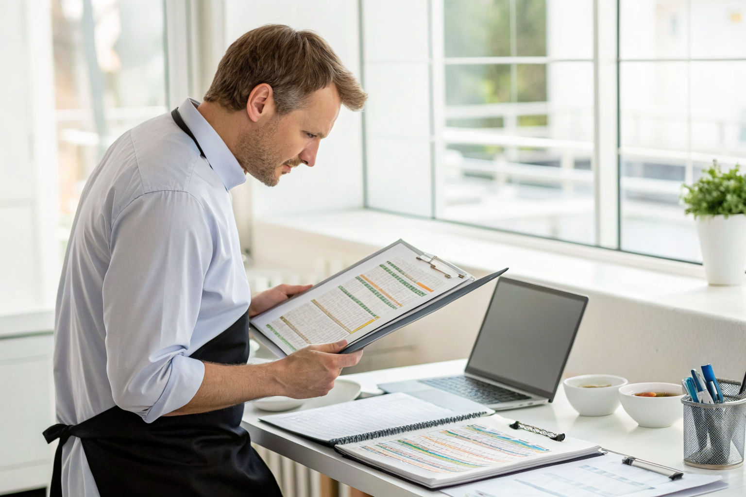 Manager reviewing maintenance schedule with service providers.