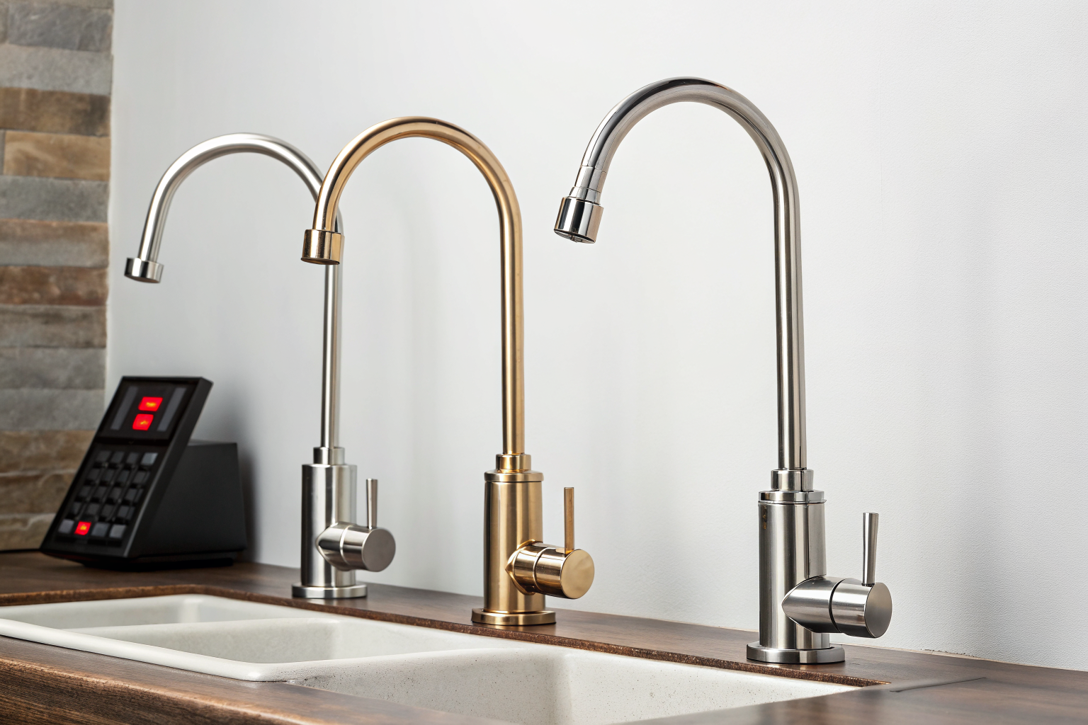 Three kitchen fixtures with GPM ratings and digital readouts.