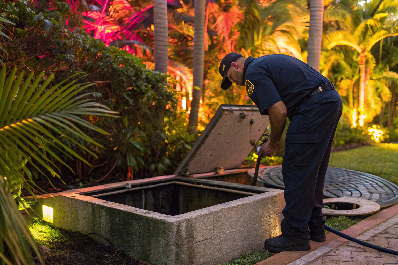 Inspector checking large grease trap in Miami-Dade.