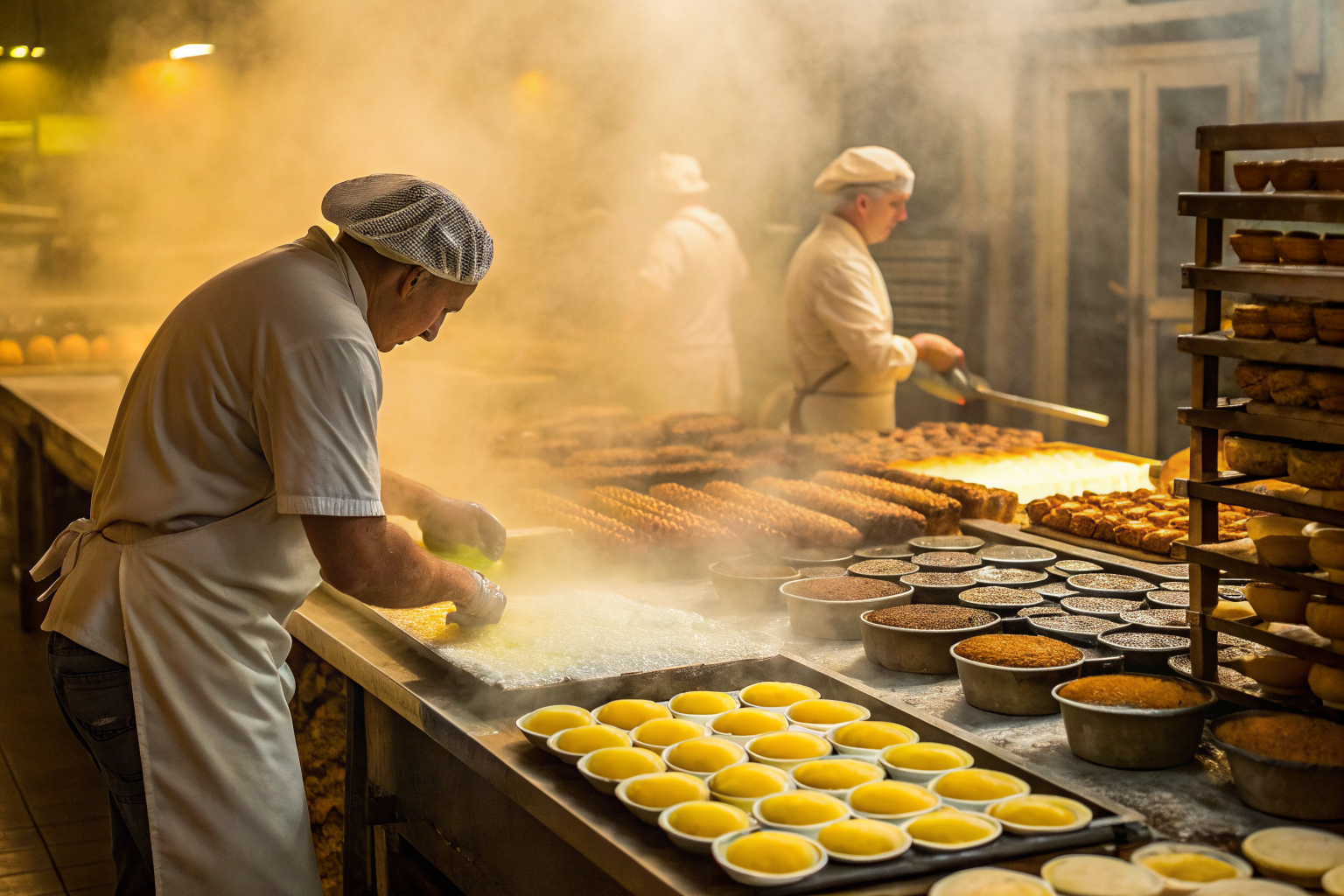 Pastry chefs baking with visible butter and oils in bakery.