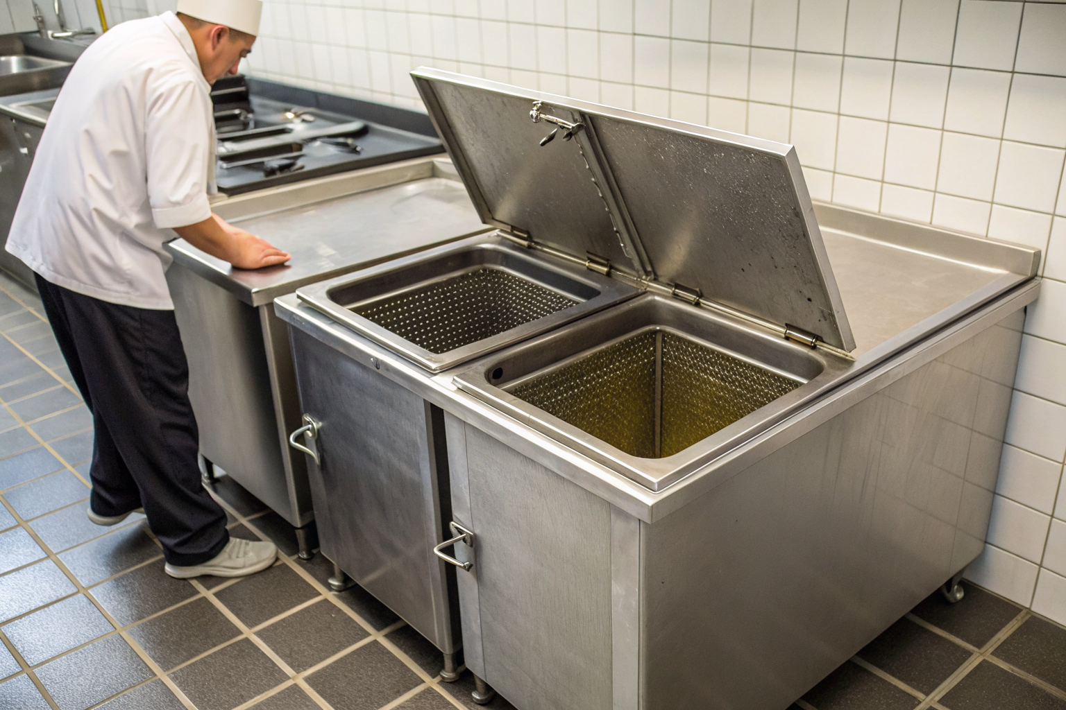 Stainless steel and polyethylene grease traps compared in a kitchen.