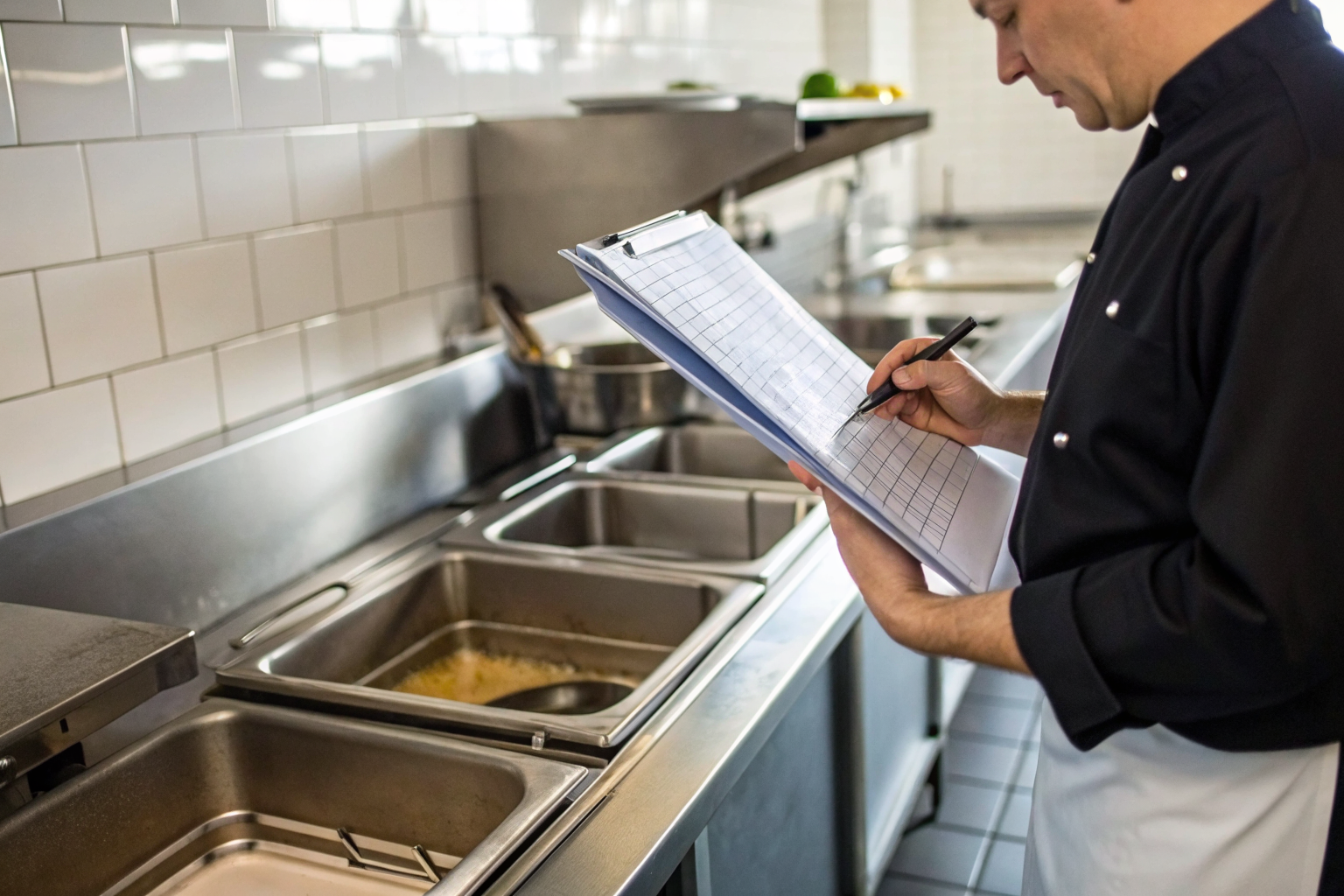 Inspector reviewing compliance documents in a kitchen with grease trap.