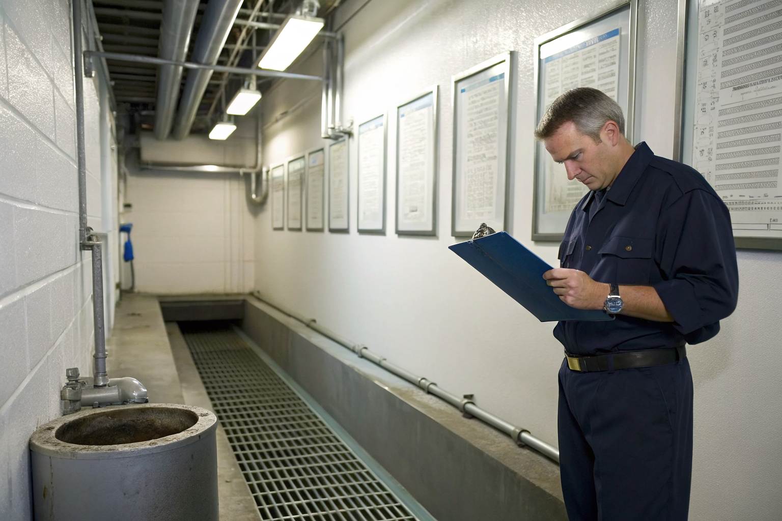 Compliance officer inspecting grease trap and oil water separator.