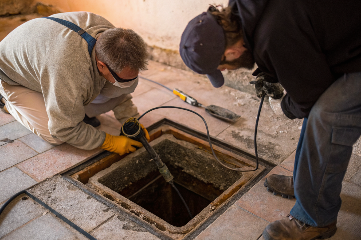 Technician inspecting grease trap for replacement or repair decision.