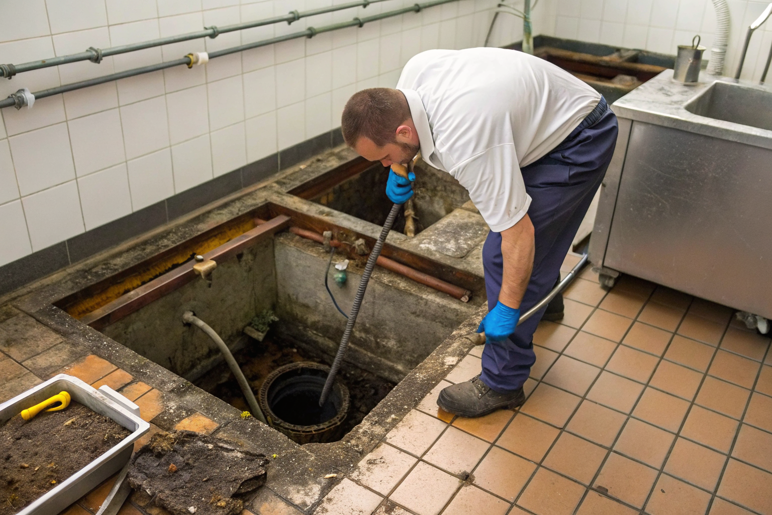 Technician removing old grease trap in kitchen with pipes and tools visible.