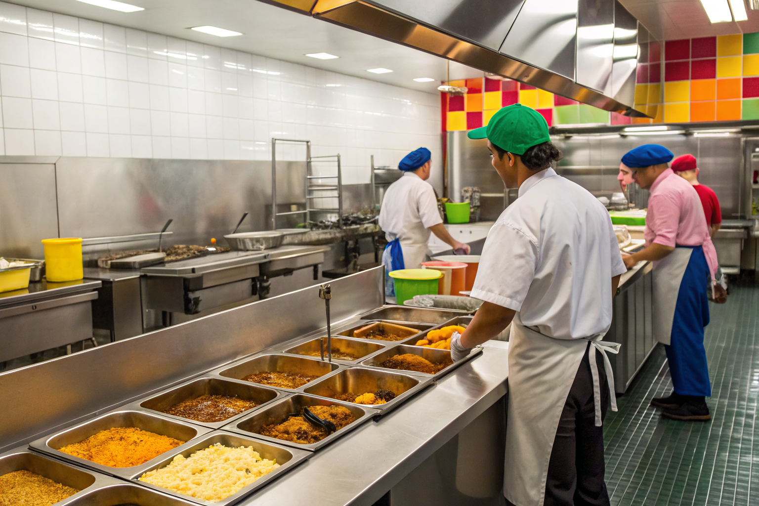 Commercial kitchen showing grease traps and staff managing operations.