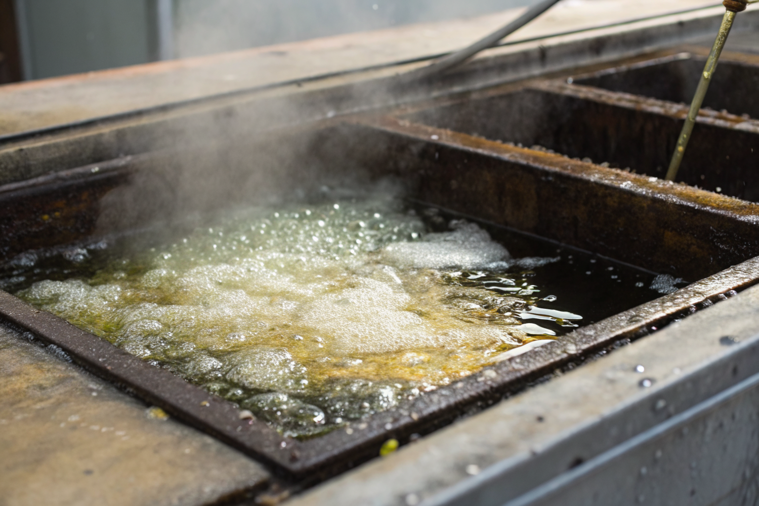 Grease trap close-up with FOG layer and gas bubbles rising.