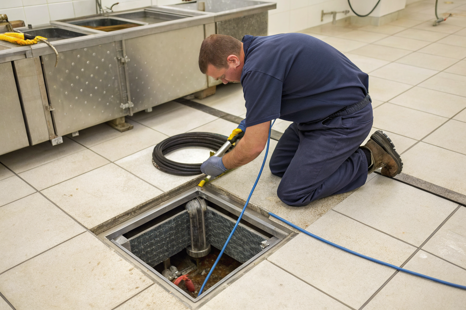 Grease trap installation with technician accessing connections.