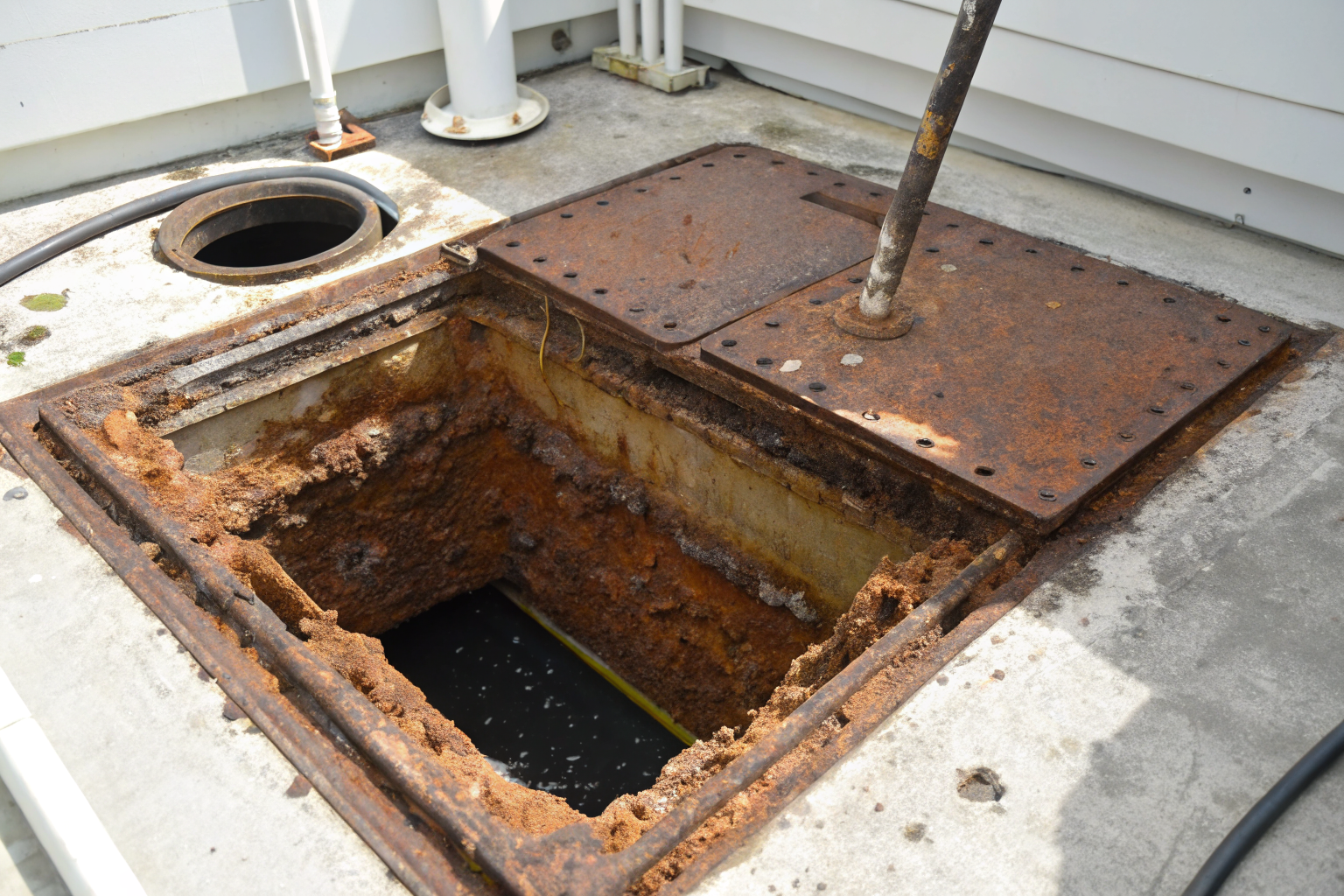 Grease trap showing rust and flaking due to corrosion.