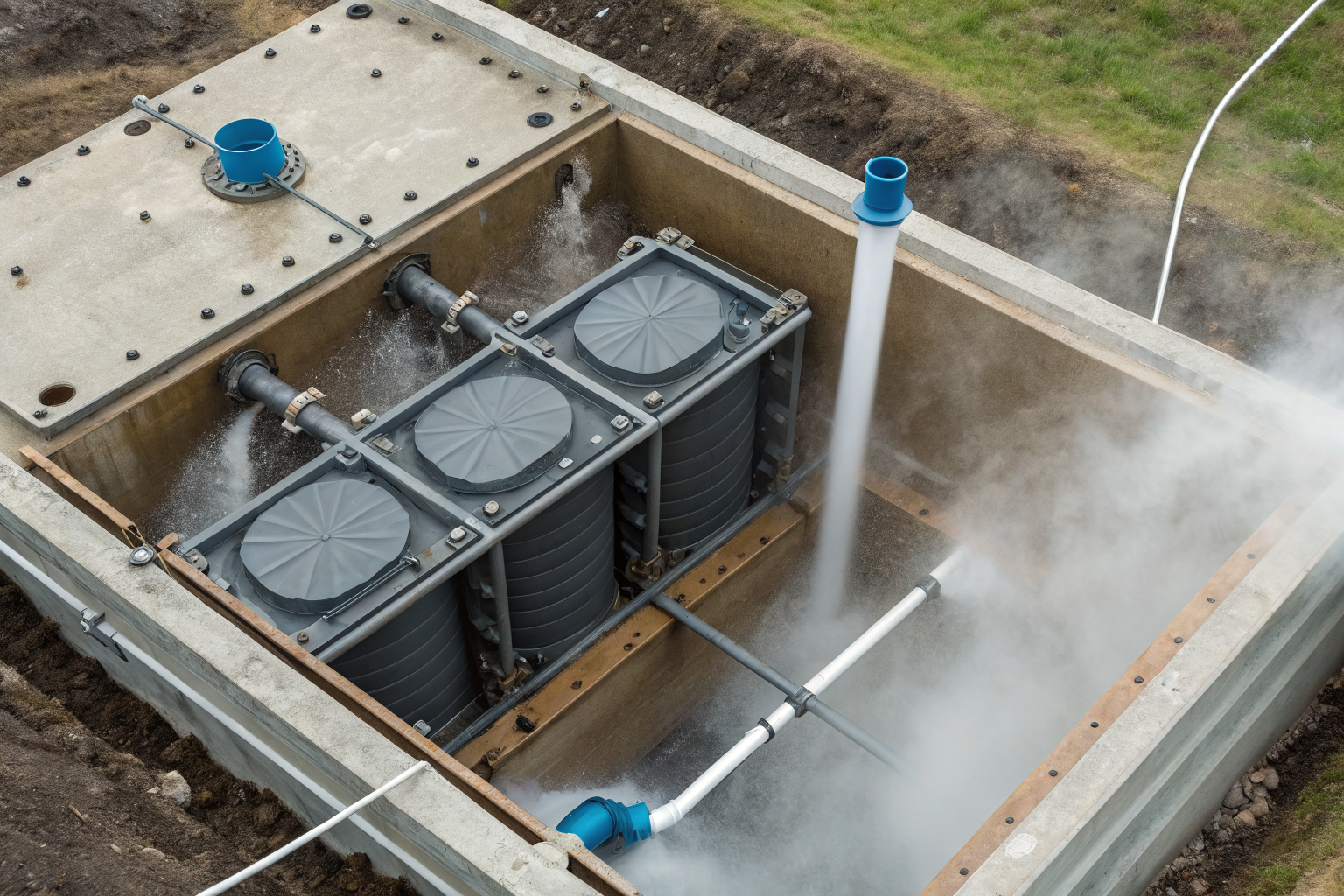 Grease interceptor system with inlet, separation, and outlet zones.