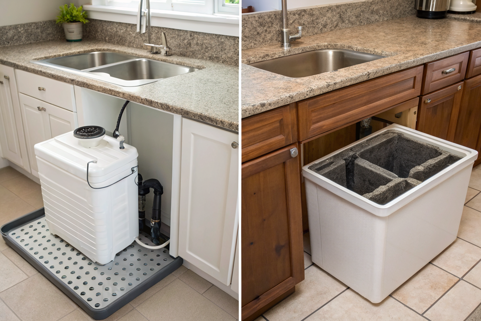 Comparison of compact under-sink grease trap and larger basement unit in high resolution.