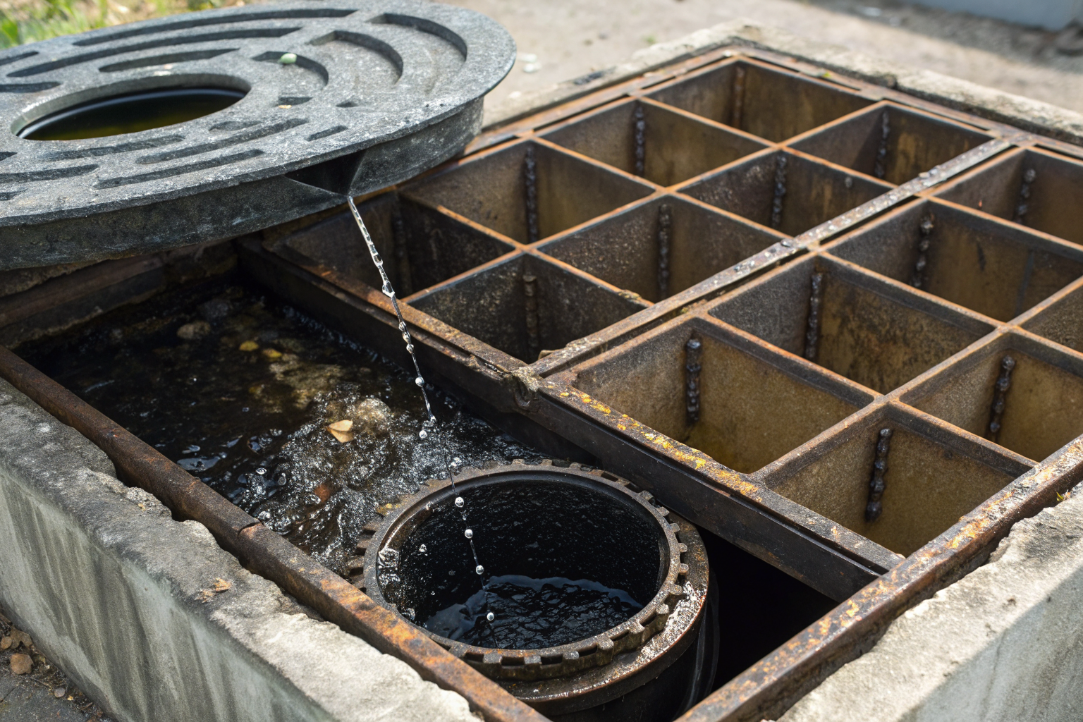 Grease trap baffle with petroleum and clogged oil separator chamber, macro detail.