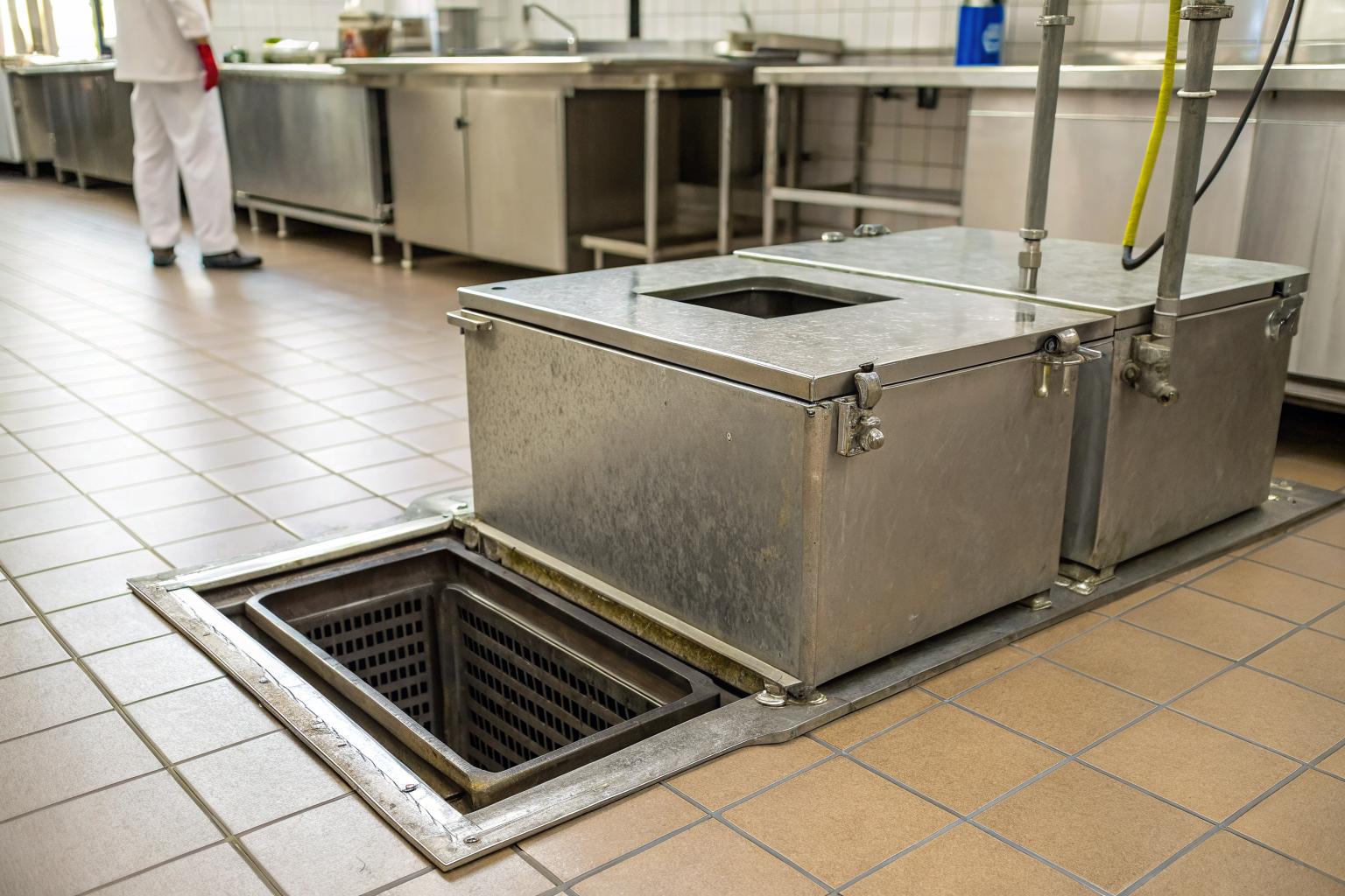Floor-mounted grease trap on commercial kitchen floor.