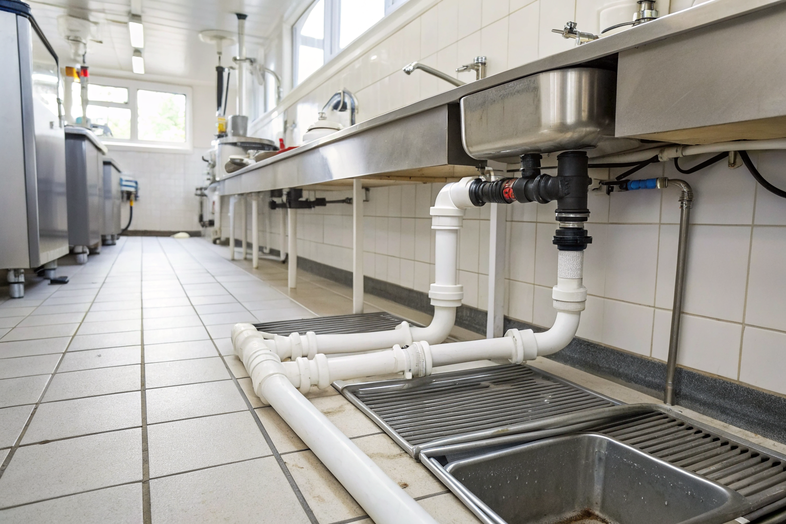 Commercial kitchen plumbing with floor-mounted grease trap.