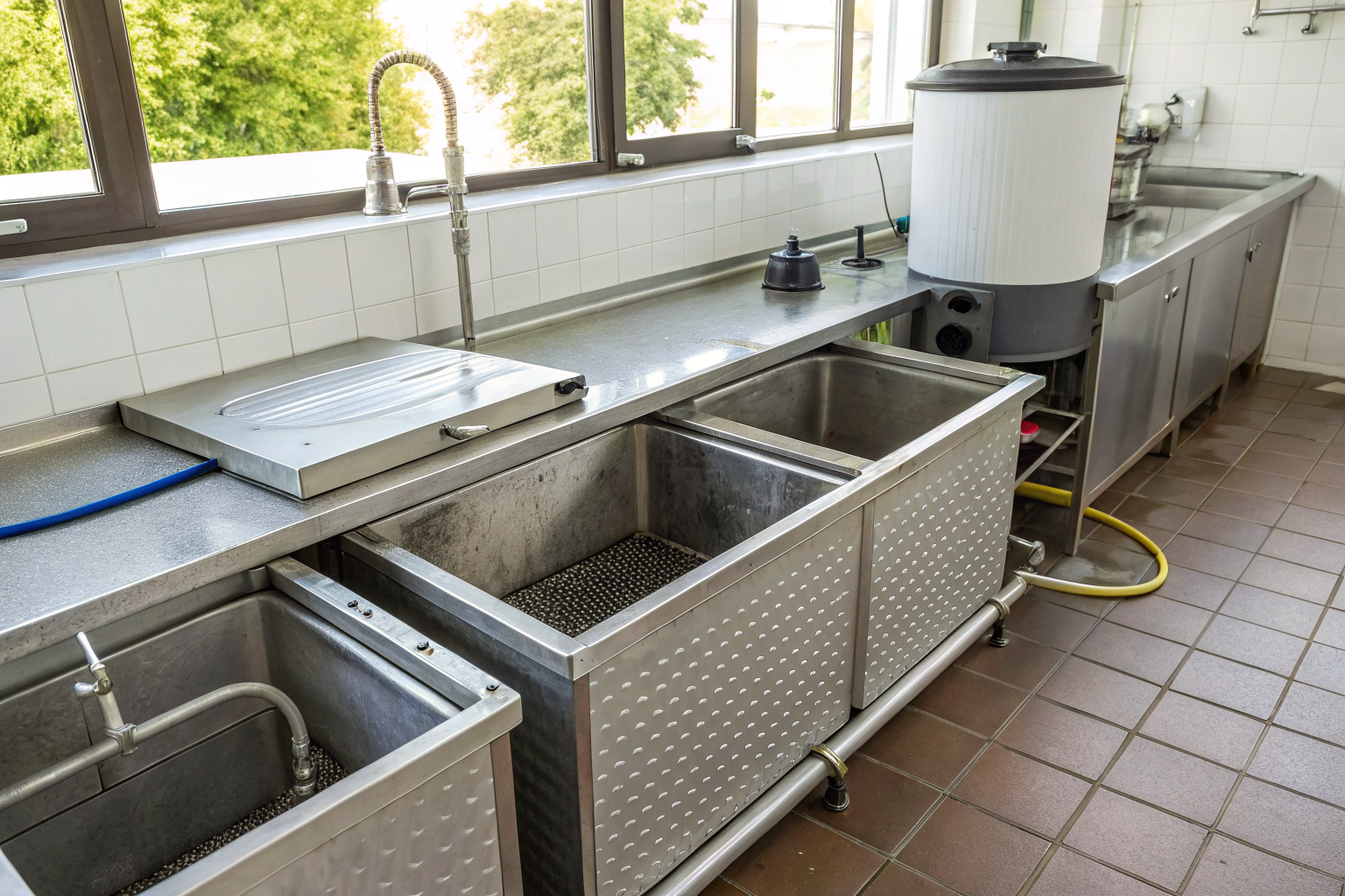 Grease trap system installed under a sink in a restaurant.